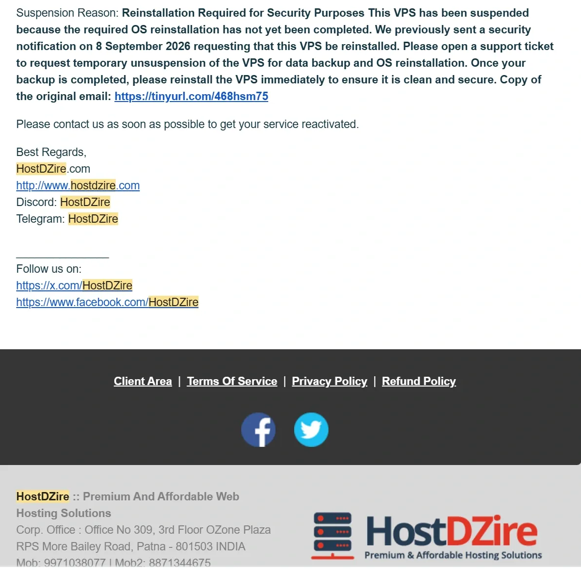 HostDZire 9月19日以未在面板重装为由私自停机